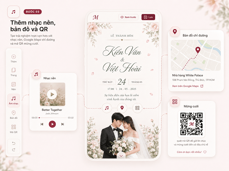 Thêm nhạc nền, bản đồ Google Maps và mã QR mừng cưới vào thiệp online