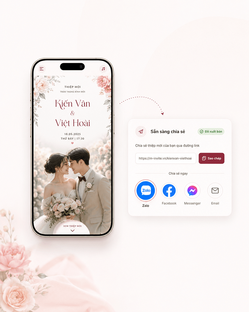Gửi link thiệp cưới online qua Zalo, Facebook và Messenger sau khi xuất bản